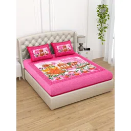 Aura Pink & Yellow Ethnic Printed Pure Cotton 120 TC Queen Bedsheet Set 2.35 x 2.15m-picture-27