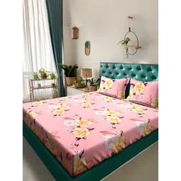 Aura Pink & Yellow Floral 300 TC King Bedsheet with 2 Pillow Covers-picture-22