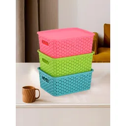 Aura Pink Set of 3 Regular Multipurpose Home Storage Tote Basket with Lid Organisers-picture-14