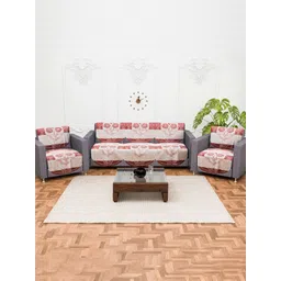 Aura Red & Beige 10 Pieces Floral Printed Cotton 5 Seater Sofa Covers-picture-16