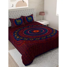 Aura Red & Blue Ethnic Motifs 144 TC Cotton King Bedsheet With 2 Pillow Covers-picture-29