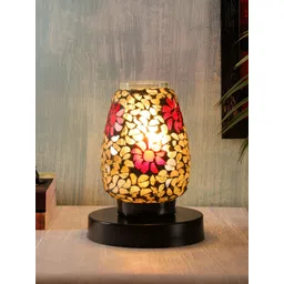 Aura Red & Gold Toned Textured Bell Shaped Glass Table Lamp with Wooden Base-picture-13