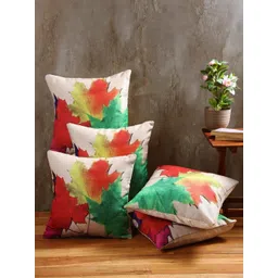 Aura Red & Green 5 Pieces Floral Printed Jute Cotton Square Cushion Covers-picture-37