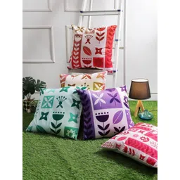 Aura Red & Green 5 Pieces Floral Printed Velvet Square Cushion Covers-picture-36