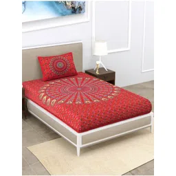 Aura Red & Green Floral 120 TC Single Bedsheet with 2 Pillow Covers-picture-27