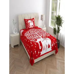 Aura Red & White Ethnic Motifs 120 TC Single Bedsheet with 1 Pillow Covers-picture-23
