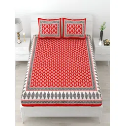 Aura Red & White Ethnic Motifs Cotton 120 TC Queen Bedsheet with 2 Pillow Covers-picture-10