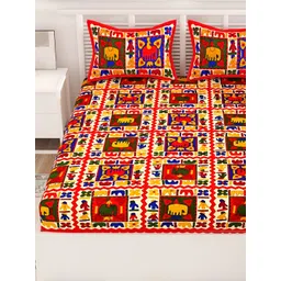 Aura Red & White Ethnic Motifs Cotton 120 TC Queen Bedsheet with 2 Pillow Covers image 3