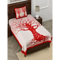 Aura Red & White Ethnic Motifs Cotton 120 TC Single Bedsheet with 2 Pillow Covers-picture-15