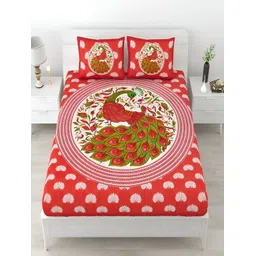 Aura Red & White Ethnic Motifs Printed Cotton 120 TC Queen Bedsheet with 2 Pillow Covers-picture-13