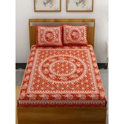 Aura Red & White Ethnic Motifs Printed Cotton 120 TC Queen Bedsheet with 2 Pillow Covers-picture-14