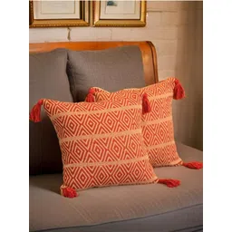 Aura Red & Yellow 2 Pieces Geometric Woven Design Cotton Square Tasselled Cushion Covers-image-34