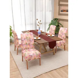 Aura Set Of 4 Green & Pink Flower Printed Stretchable Chair Covers-picture-23