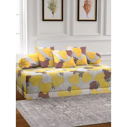 Aura Set Of 6 Yellow & Brown Printed Geometric TC Cotton Diwan Set-image-20