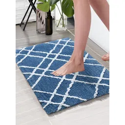 Aura Turquoise Blue & White Checked Rectangular 1850 GSM Anti Skid Bath Rug-picture-41