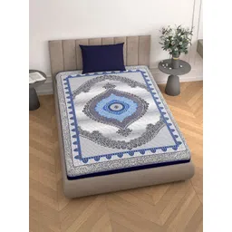 Aura Turquoise Blue & White Ethnic Motifs 110 TC Single Bedsheet with 1 Pillow Covers-picture-28
