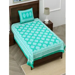 Aura Turquoise Blue & White Floral 120 TC Single Bedsheet With 2 Pillow Covers-picture-29