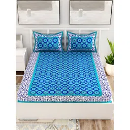Aura Turquoise Blue & White Floral Cotton 120 TC Queen Bedsheet with 2 Pillow Covers-picture-20