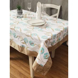 Aura Turquoise Blue & White Floral Printed Cotton 6-Seater Table Cover-picture-14