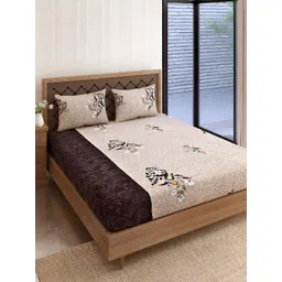 Aura Veda Beige & White Floral Cotton 160 TC Fitted King Bedsheet with 2 Pillow Covers-picture-24