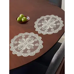 Aura White 2 Pieces Self-Design Cotton Round Shape Table Placemats-picture-23