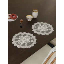 Aura White 2 Pieces Self-Design Cotton Round Shape Table Placemats-picture-25