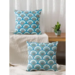 Aura White & Blue 2 Pieces Geometric Square Cotton Cushion Covers-picture-35