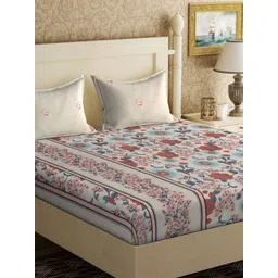 Aura White & Blue Floral 300 TC Double King Bedsheet with 2 Pillow Covers-2.5 m X 2.25 m-picture-14