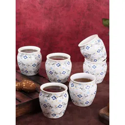 Aura White & Blue Printed Ceramic Glossy Kulladhs Set of Cups and Mugs-picture-27