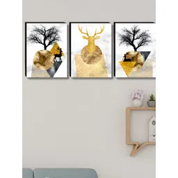 Aura White & Gold-Toned 3 Pieces Deer and Tree Wooden Painting Wall Art-picture-12
