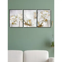 Aura White & Gold-Toned 3 Pieces Flowers Wooden Painting Wall Art-picture-29