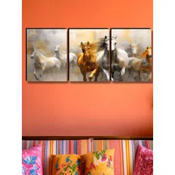 Aura White & Gold-Toned 3 Pieces Wooden Runing Horse Wall Paintings-picture-20