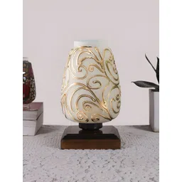 Aura White & Gold-Toned Textured Abstract Shaped Glass Table Lamp With Wooden Base-picture-25