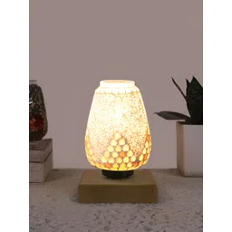 Aura White & Gold Toned Textured Bell Shaped Glass Table Lamp with Wooden Base-picture-12
