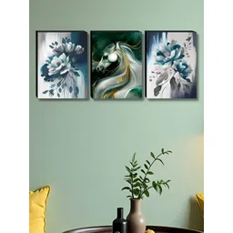 Aura White & Green 3 Pieces Floral Horse Printed Wooden Wall Paintings-picture-12