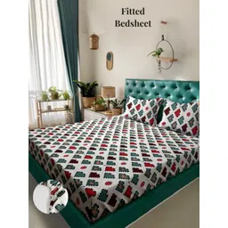 Aura White & Green Geometric 300 TC King Fitted Bedsheet Set 2.50 m x 2.15 m-picture-10