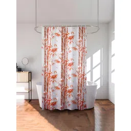 Aura White & Orange-Color Bamboo Printed Durable Waterproof Shower Curtain With 8 Rings-picture-14