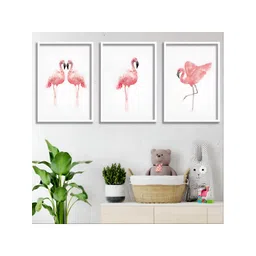 Aura White & Pink 3 Piece Wood Birds and Animals Wall Paintings-picture-42