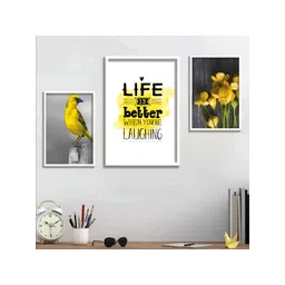 Aura White & Yellow 3 Piece Wood Floral and Botanical Wall Paintings-image-7