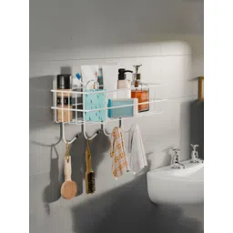 Aura White Metal Self Adhesive Bathroom Organiser with Drill Screws & 4 Hooks-picture-37