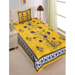 Aura Yellow & Blue Floral Cotton 120 TC Single Bedsheet with 2 Pillow Covers-image-36