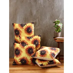 Aura Yellow & Brown 5 Pieces Floral Printed Jute Cotton Square Cushion Covers-image-49