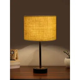 Aura Yellow & Copper Toned Cylindrical Shaped Jute Shade Wooden Table Lamp-picture-11