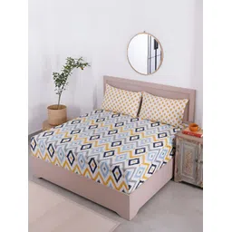 Aura Yellow & Orange Geometric 120 TC Cotton Queen Bedsheet With 2 Pillow Covers-image-24