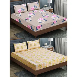 Aura Yellow & Pink Floral 144 TC 2 Queen Bedsheet with 4 Pillow Covers-picture-31