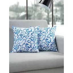 Aurave Blue & White 2 Pieces Floral Cotton Square Cushion Covers-picture-10