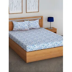 Aurave Blue & White Floral 144 TC Fitted Cotton King Bedsheet with 2 Pillow Covers-picture-13