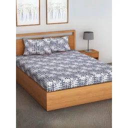 Aurave Navy Blue & White Geometric Fitted Cotton 144 TC King Bedsheet with 2 Pillow Covers-picture-14