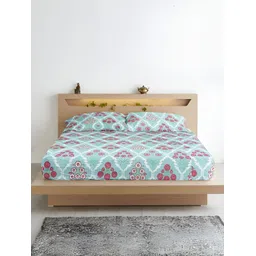 Aurave Olivia Blue & White Floral 210 TC Fitted King Bedsheet With 2 Pillow Covers-picture-15