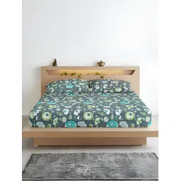 Aurave Olivia Blue & White Floral 210 TC Fitted King Bedsheet With 2 Pillow Covers-picture-16